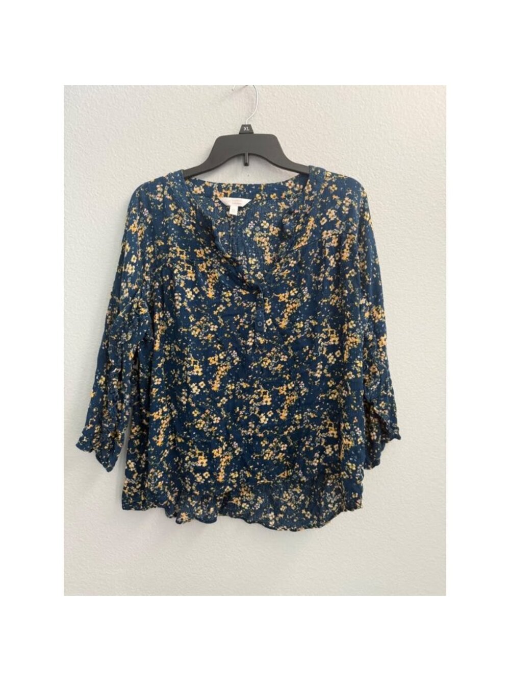 LC Lauren Conrad Shirt, Womens XL Blue Yellow, Button Blouse Floral, 3/4 Sleeve